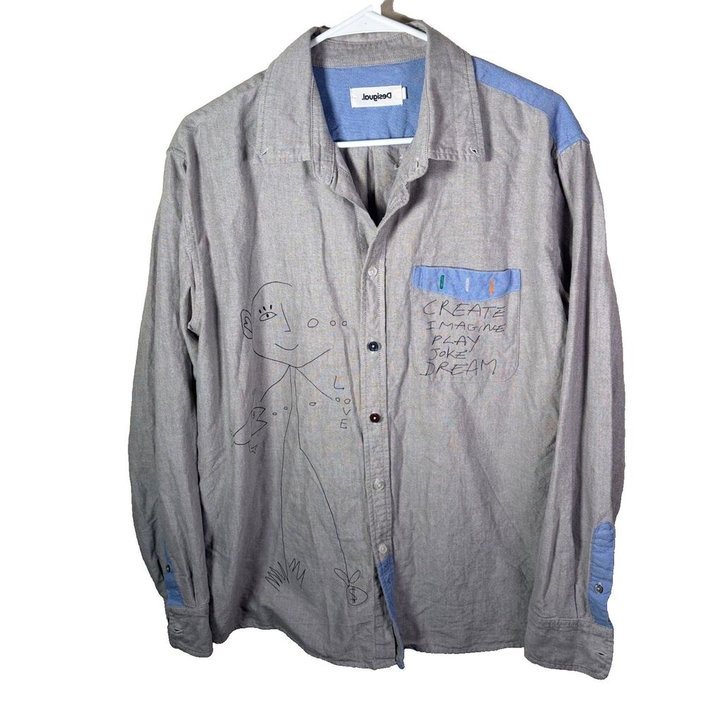 Desigual Shirt Men's Medium Gray Button Up Art Drawing Long Sleeve Collared
